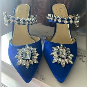 Jessica Simpson blue satin jeweled 7.5 heels.